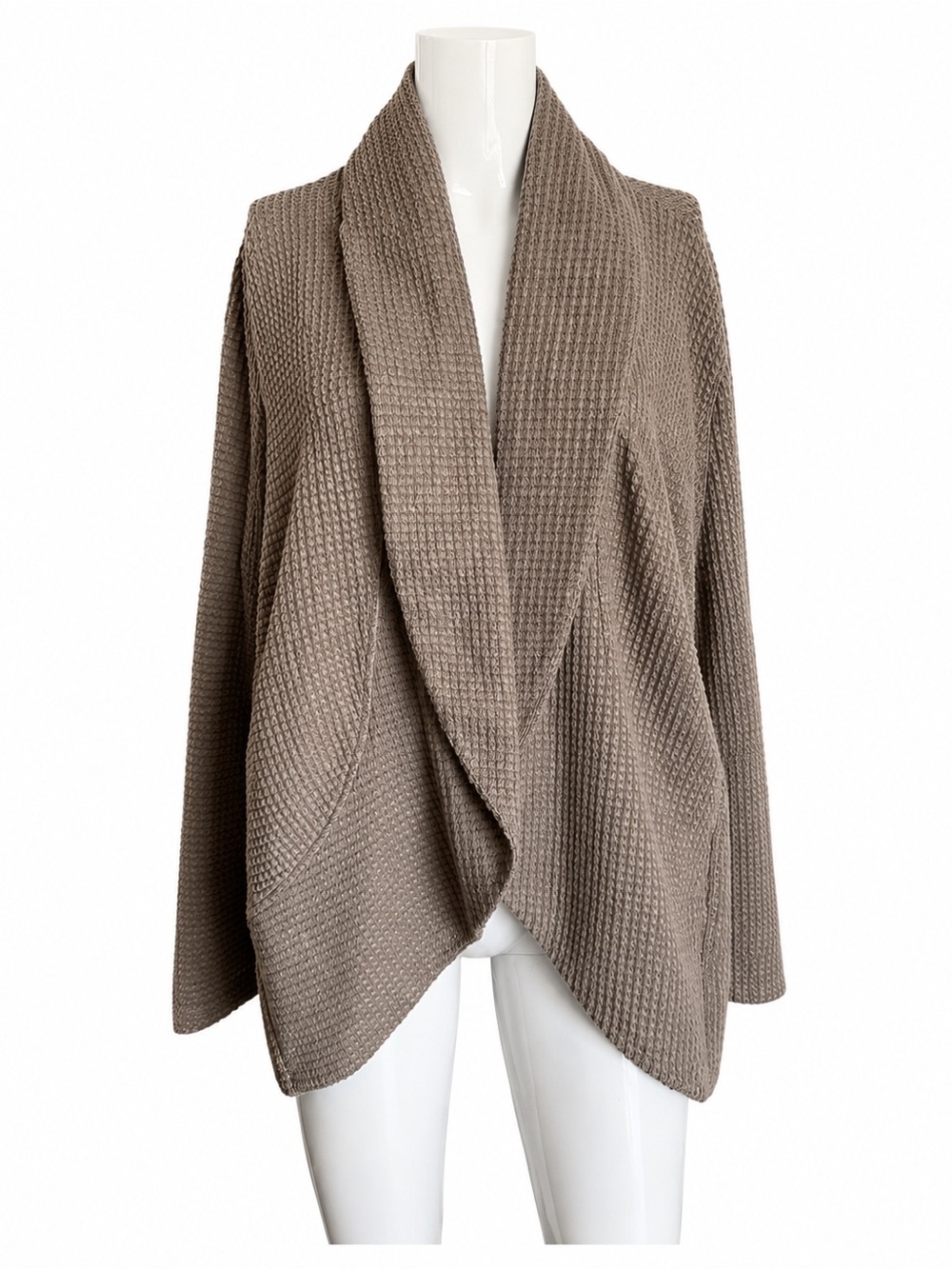New In Taupe Waffle Knit Drape Front Cardigan Sweater Size L